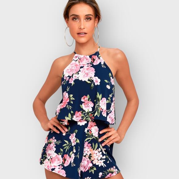 Lulus In the Garden Floral Romper XL Navy Blue Halter High Neck Garden Party - Picture 4 of 11